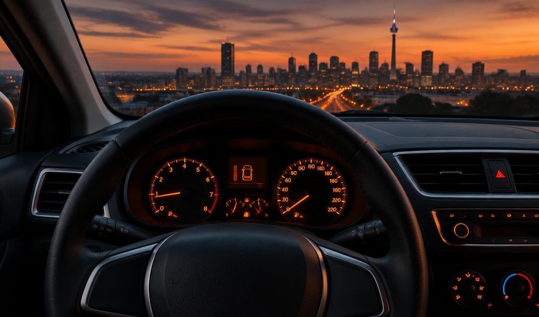 Car cockpit at dusk
